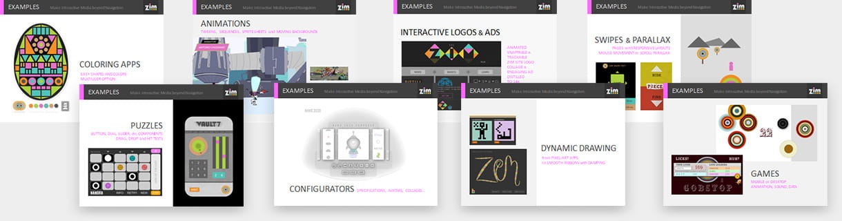 ZIM Applications - JavaScript HTML Canvas Interactive Media Framework powered by CreateJS - ZIMjs