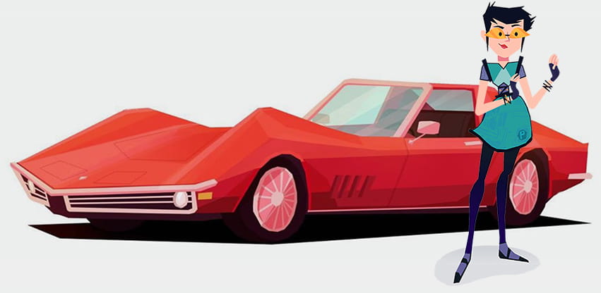 Lear ZIM - this pic shows Pragma standing by a very cool tangerine colored convertible car with sexy wheel well humps