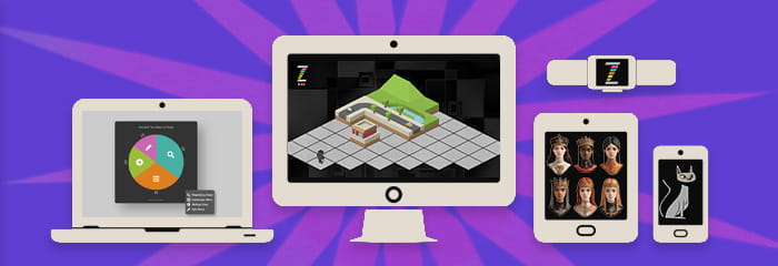 ZIM is the free, open source JavaScript Canvas Framework for coding creativity - this pic shows ZIM on different device screens from smart watches, mobile, tablets, laptops and computer monitors