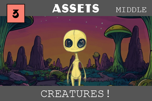 A yellow alien with round head and rounder eyes looks out at us from a mushroom planet.  Make creature features with ZIM!