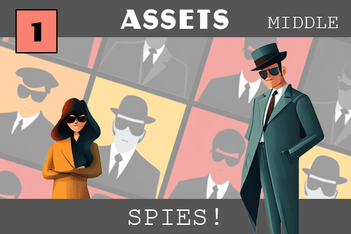 Spies! A background of tiled spies with a handsome spy in flowing jacket at the foreground. Looking on is a mysterious lady with burnt umber hair and sunglasses.  Make spy games with ZIM