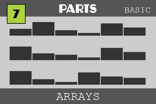 Arrays - under the PARTS category.  Here we several long bar graphs - one above the other.  The bars are at different heights which represent the number in an array.  An array is a list of things - this time we list numbers.  We can also hold strings (words or letters) in an array or any type of object in an array - they are very handy.  The next bar graph shows the first two numbers switched.  The next one shows the first number moved to the last number.  The bar graphs show the changes we are making to the arrays in the code!