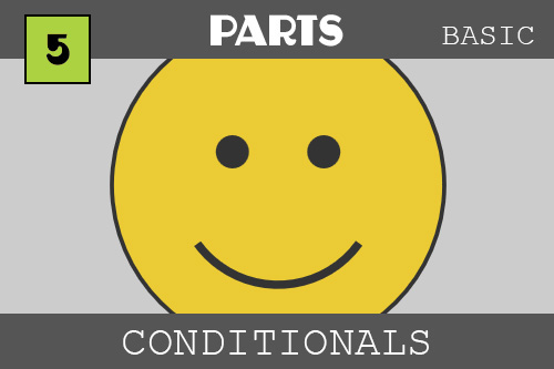 Conditionals - under the PARTS category.  Oooo - it is a big yellow happy face!  We are using conditionals - which are if statements - to either show a happy, sad or thinking face based on odds.  Programming has a random number which can be used along with conditionals to give us odds of something happening.  The odds are one third a chance that a happy face will show, etc.