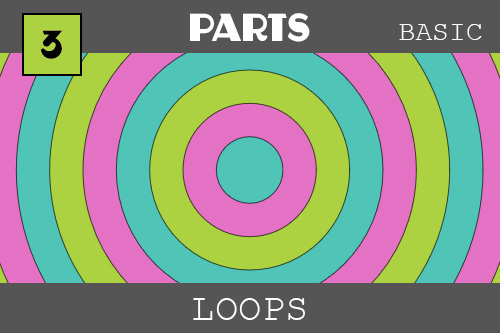 Loops - under the PARTS category.  Wow!  Concentric circles - or circles within circles of some of the ZIM colors (blue, pink and green).  It looks like a target and gives feeling of depth because things get smaller as they are farther away.  They were made with loops which can run many times quickly and are great for making pattens. The loops happen all at once - not over time like we did with the interval function in the last example.