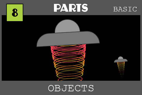 Objects - under the PARTS category.  Woah!  Flying saucers!  On a dark background, a silver domed suacer is slightly tilted to the left and has a trail of orange, yellow and read rings beneath it showing how the suacer is levetating in the air!  A smaller suacer is in the background. These are animated in the tutorial to go up and down and wiggle.  This is the last of the BASIC tutorials.  We move on to BUGS and THINGS with four tutorials in each - although one day there may be more THINGS added.