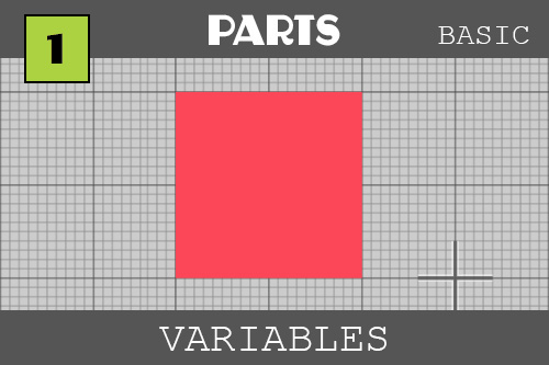 This is the first of the ZIM Kids tutorials.  They picture thumbnails all have the same format - a title bar, a picture of the tutorial and a footer bar with the name.  Each tutorial has three levels but there is only one level pictured on this thumbnails - the rest will be a surprise! Pictured here is a red square on a grid that has lines at every five pixels with thicker lines at every ten pixels - this is how you locate an object on the stage.  There is a title bar at top with a title of PARTS in a cool font and then a number in green at the left (number 1).  It says basic at the right on the title bar.  There is a bar at the bottom that says VARIABLES and it is the theme of this tutorial.