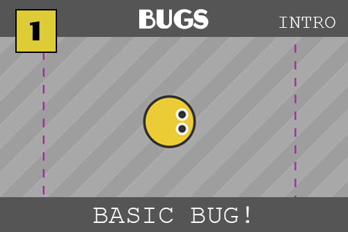 a little yellow round bug with dark round eyes offset with white sits on a diagonally striped grey and silver background inside a purple dashed-line pen.  The words at the bottom say drag bug in pen.