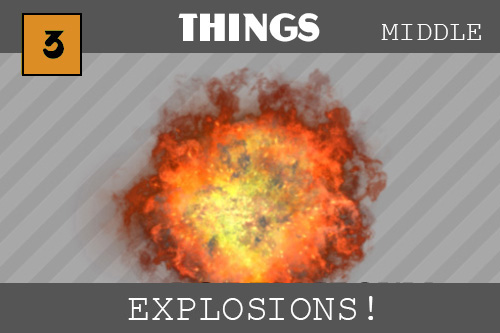 a firey orange and yellow explosion is in the center on our striped background.  The explosion is roundish and is bright in the middle and then gets dark and curly around the edges.  It kind of looks like a cloud, all puffy and soft but also looks scary like smokey, whispy fingers that will get you!  In this tutorial we make simple explosions from a particle emitter that sends little shapes flying from one point.  We also use a Sprite which is a bunch of pictures that we play quickly in sequence in the same place.  This makes an animation that looks real - and that is how we make our eplosion.  We also hear sounds in this one!  Boooom!