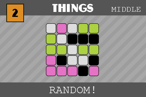twenty-five little squares with rounded corners are tiled (five by five) on our striped background.  They have the following colors: white, pink, white, green, green then the next row: green, white, black, black, black, etc.  They are random and look like yummy candies.