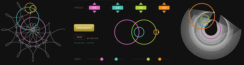 Image showing a beautiful Ornamant Making Tool demonstrating Display Objects like shapes with with beautiful rythmic overlapping lines and the components to make them like sliders and buttons